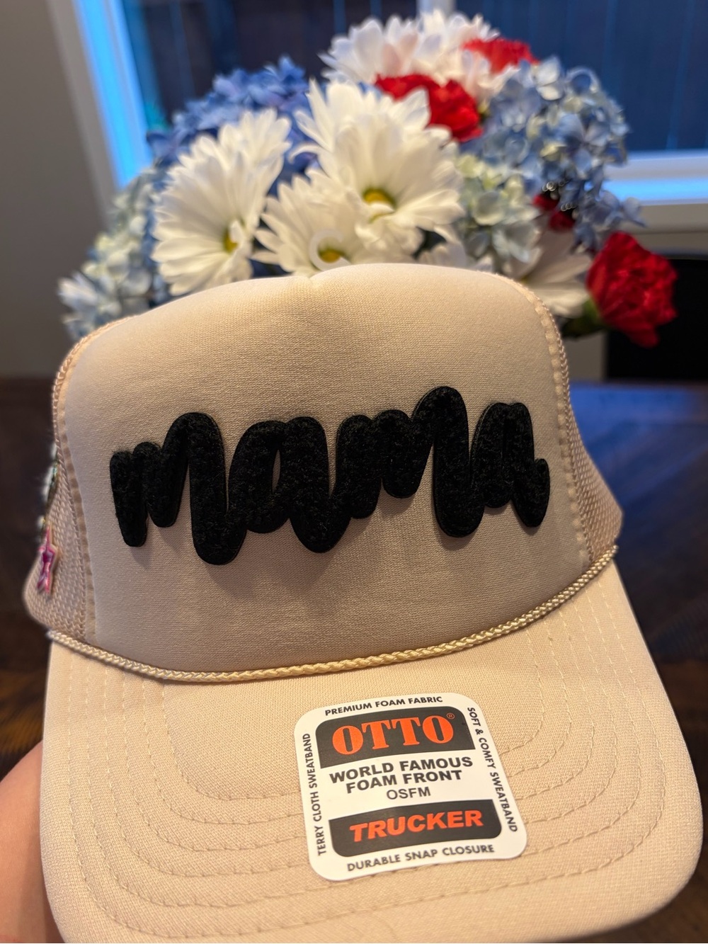 OTTO Beige Trucker Hat with Black "mama" Script